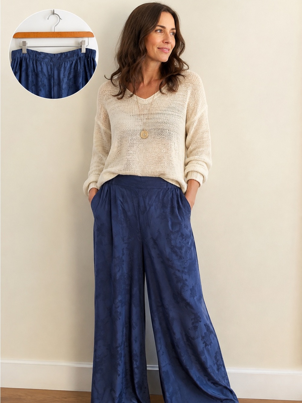 CP Shades Vintage 100% Rayon Floral Jacquard Wide Leg Pants Blue Sz L Made USA